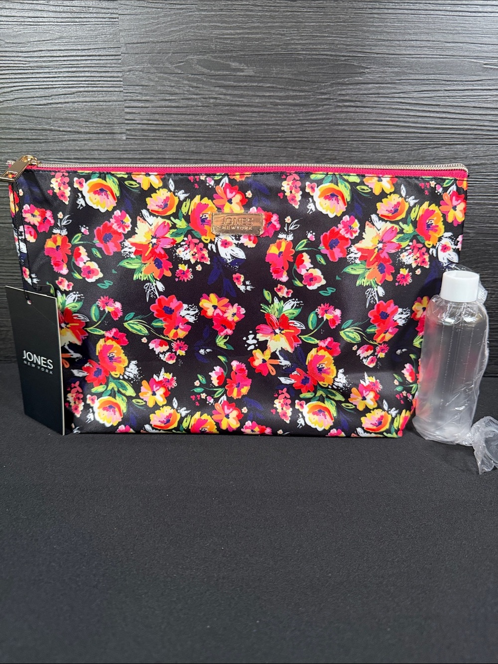 Jones New York Black Multi Floral Top Zip Cosmetic Bag + Bottle NWT